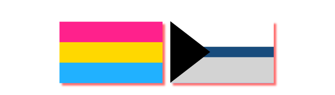 from left to right: Pansexual & Demi-Aroace (Demisexual + Demiromantic)